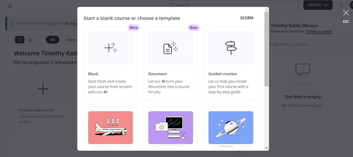 Template selection in AI course builder offering blank, document-based, or guided creation options.